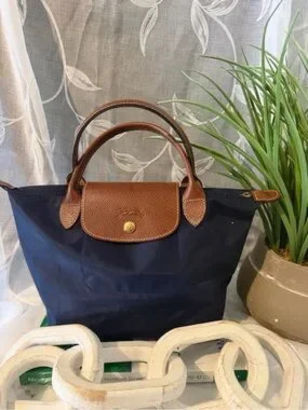 Longchamp Navy Nylon Tote with Brown Leather Trim